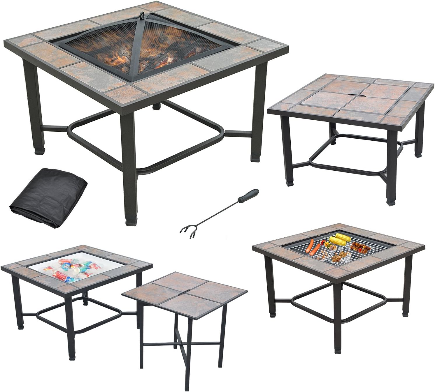AXXONN 5 in 1, 30" Square Tile Top Wood Burning Fire Pit, Grill, Cooler, Coffee Table and Side Table with Cover, Brownish Bronze