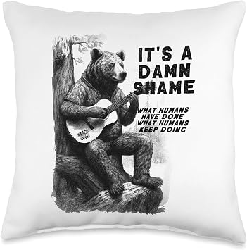 UGR Bear Playing Guitar Its A Damn Shame Throw Pillow, 16x16, Multicolor