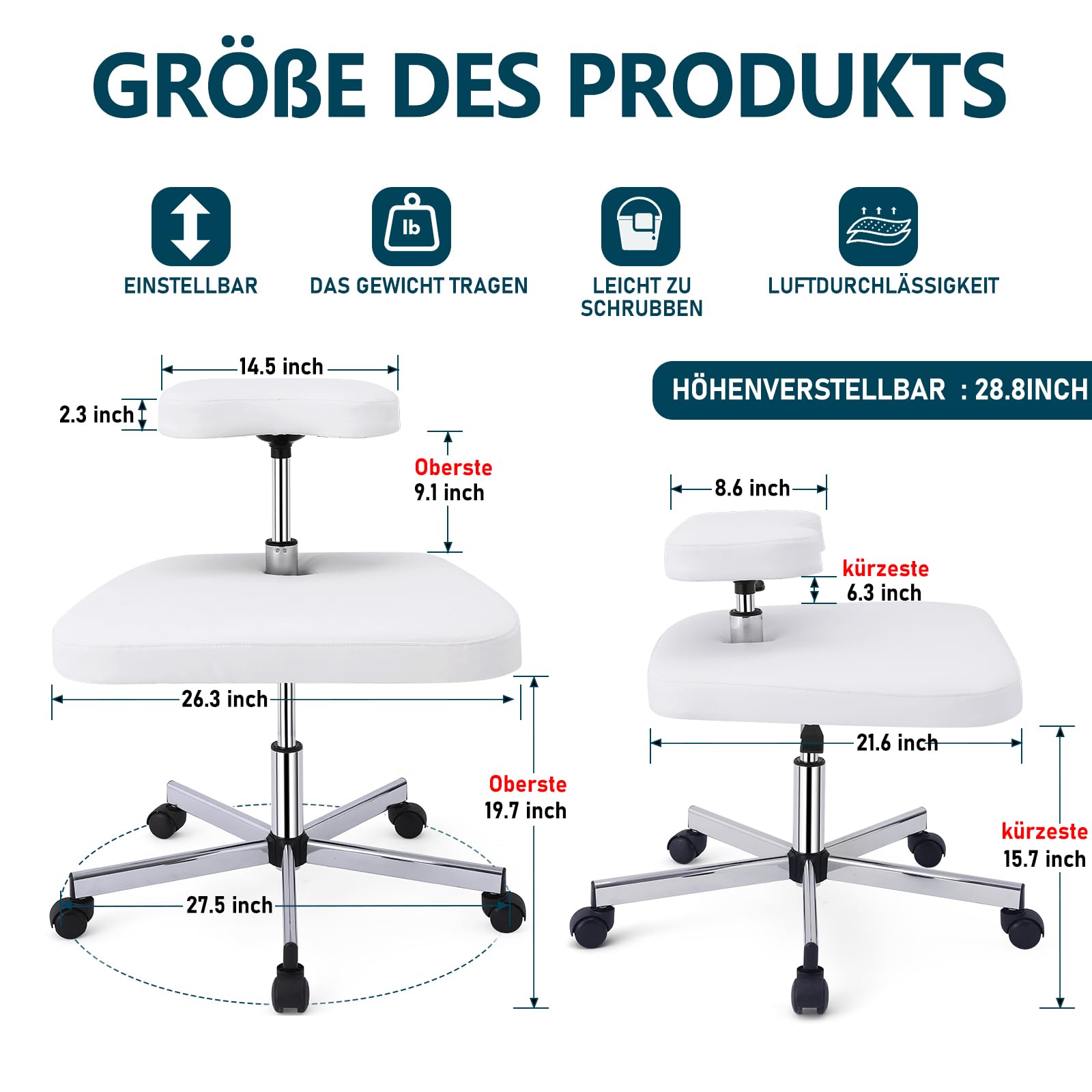 Roetell ergonomischer Büro- oder Heimkniestuhl, höhenverstellbarer Kniehocker aus Leder, geeignet für Computerarbeiter, Yoga-Enthusiasten, Meditationsfanatiker (weiß), REDE-0035