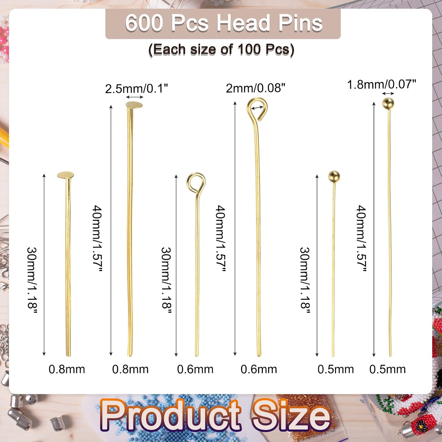 MECCANIXITY 600Pcs Head Pins Set, Flat Head Pins Plated Ball Head Pins Eye Pins for Jewelry Making for Craft Earring Bracelet Necklace Pendant Supplies 30mm 40mm Brass, Gold image 2
