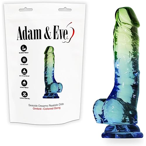 Adam & Eve Seaside Dreams Dildo, Realistic Soft Flexible Suction Cup, Lifelike Head and Veins, Hands Free Riding, Waterproof, Harness Compatible, Colorful Ombre Design, 7.5 Inch, Premium Pleasure Toy