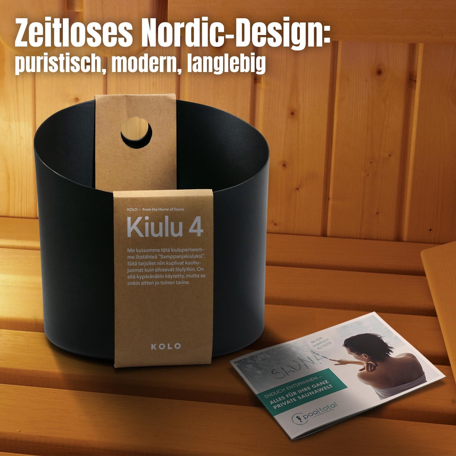 KOLO Sauna Set Kiulu 4 - Kübel 5 l + Aufgusskelle 300 ml - Schwarzes Aluminium - Bambusgriff - 2-teiliges Premium-Set für Aufgüsse und authentische finnische Saunakultur - Made in Finland