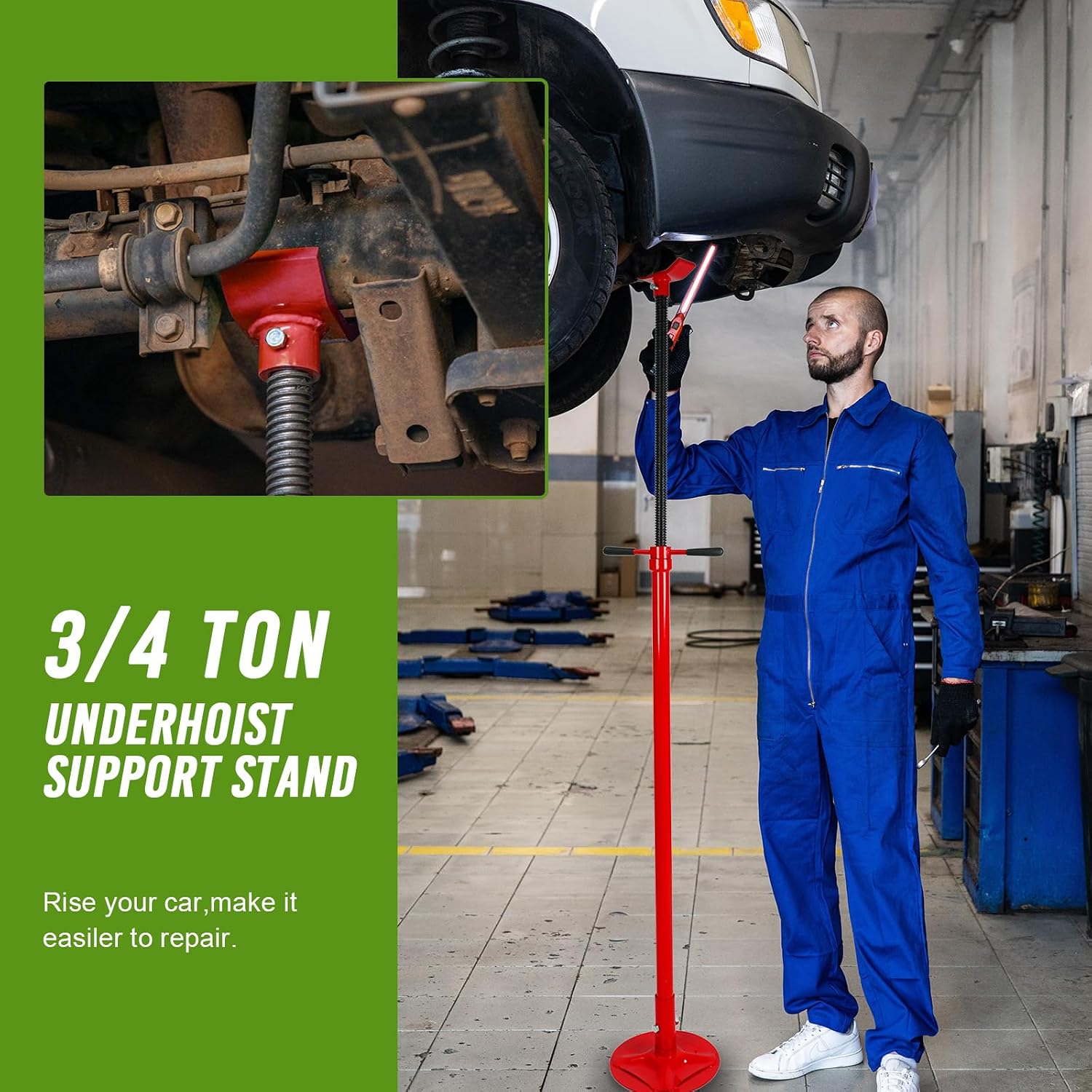 ‎EASYBERG Underhoist Support Stand, 3/4 Ton Capacity Under Hoist Jack Stand Lift from 53.5 to 79 in, 12 Inch Diameter Base, Bearing Mounted Spin Handle Pole Jack, Self-Locking Acme Threaded Screw