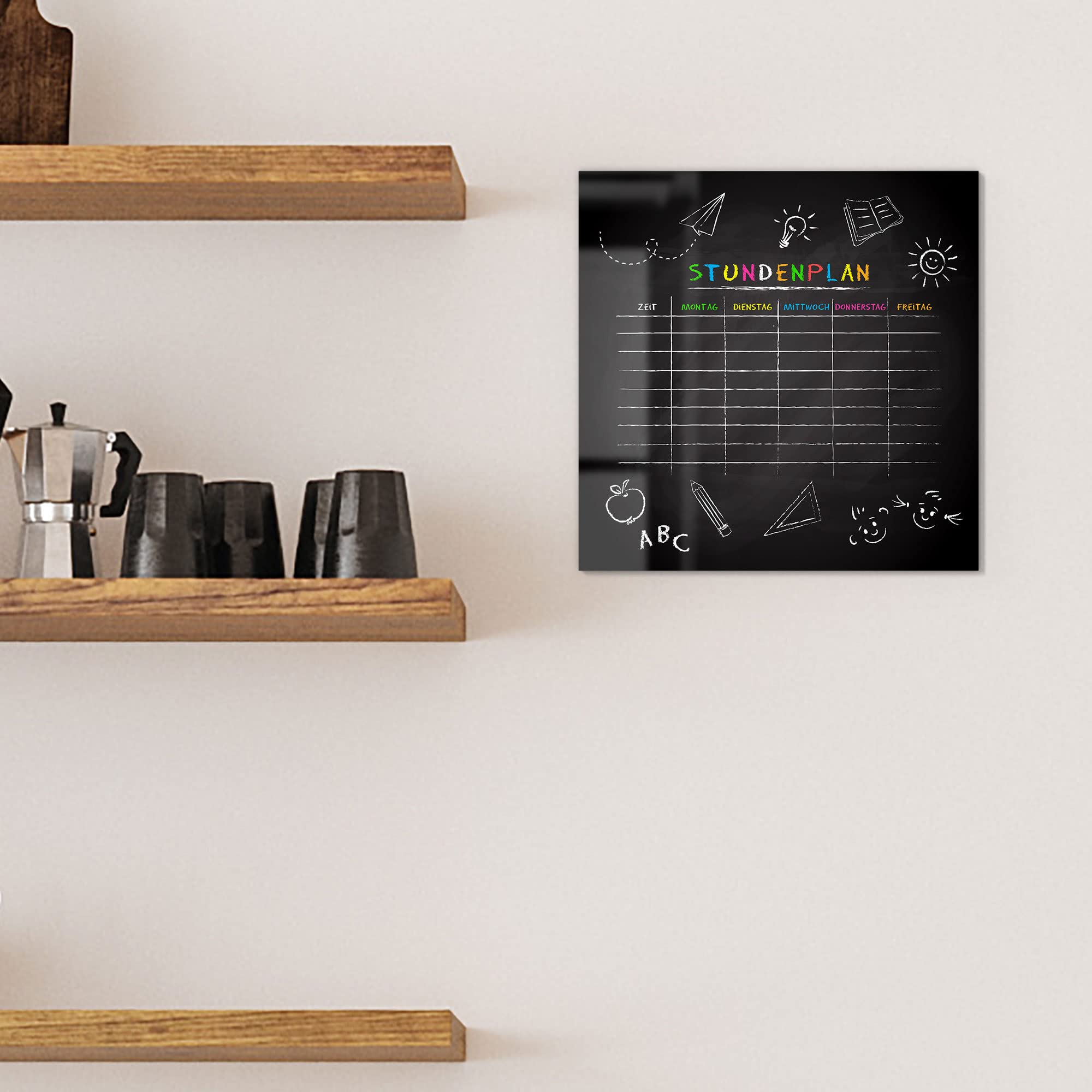 DEQORI Glas-Magnettafel | 30x30 cm groß | Motiv Vorlage: Stundenplan | Memo-Board aus Glas | Magnetboard inkl. Magnete, Stift & Tuch für Küche & Büro | Tafel magnetisch & beschreibbar
