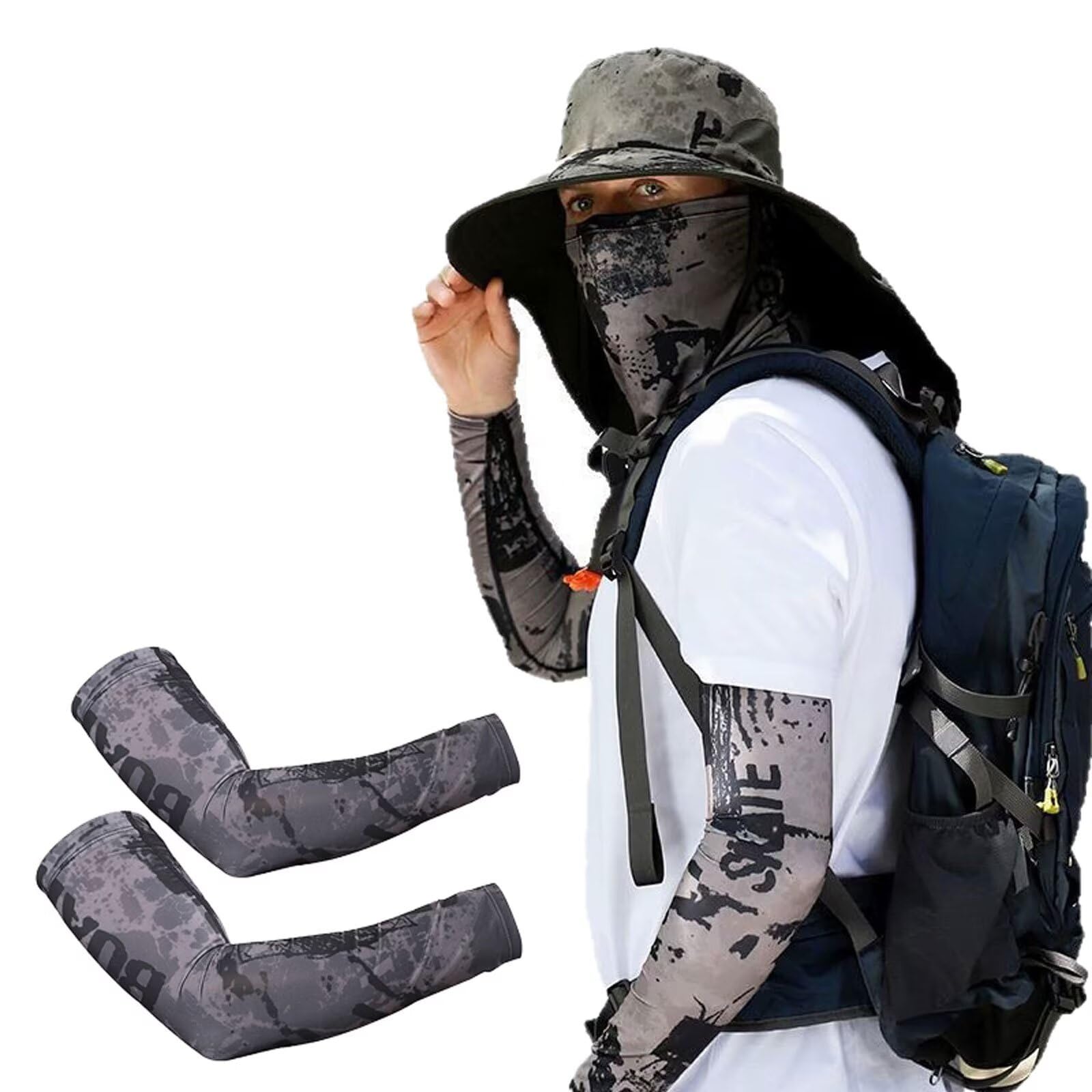 Sun Bucket Hats for Women Men Wide Brim Fishing Hat with Face Cover & Neck Flap UPF 50+ Summer UV Protection Hat with Arm Sleeves for Outdoor Camping - Military Green