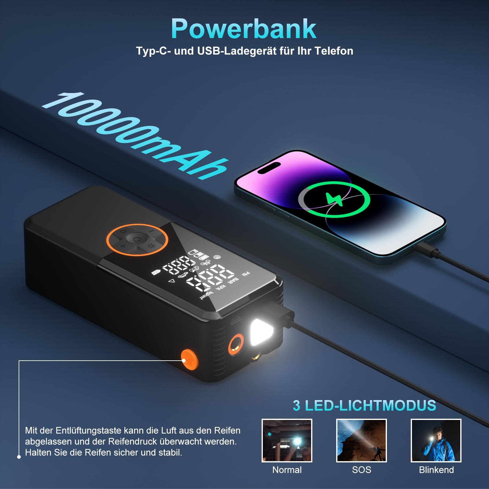 Pompe à Air électrique Portable 10000mAh, 150 PSI - Gonflage Rapide Voiture, Vélo, Ballons - Avec écran LCD Et Fonction Power Bank