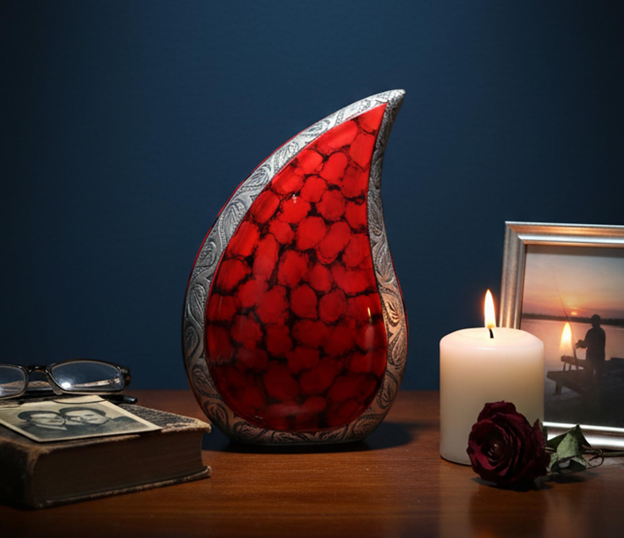 eSplanade Urna de cremación en Forma de lágrima, Recipiente conmemorativo, urna de cremación, urna de Metal, urna funeraria (Rojo Fuego)