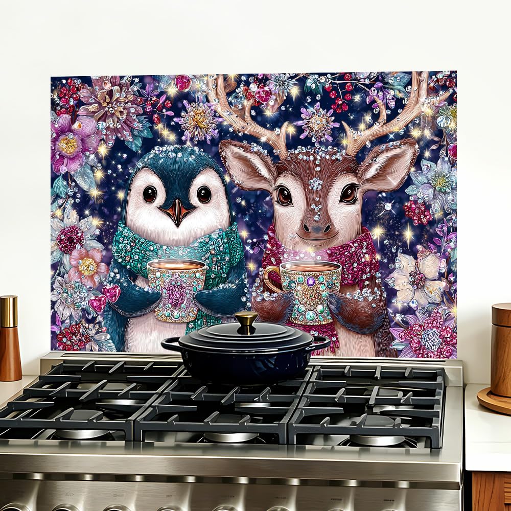 Penguin Deer Jewel Floral Backsplash Peel and Stick, 35.4x23.6 in