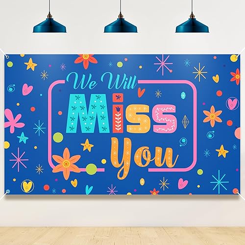 We Will Miss You - Telón de fondo, decoraciones de fiesta de despedida azul, accesorios de cabina de fotos para despedida, graduación, decoraciones