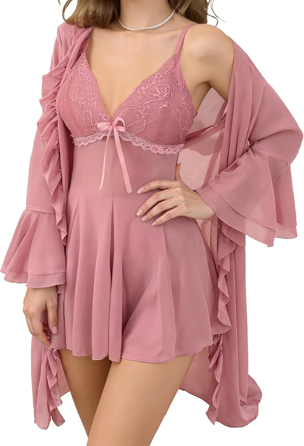 SEAUR Women's 2 Piece Mesh Pajamas Sets Lace Cami Nightgown with Kimono Robes Set Nightwear