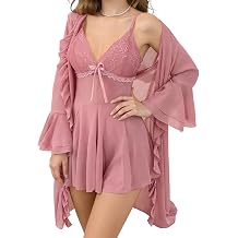 SEAUR Women's 2 Piece Mesh Pajamas Sets Lace Cami Nightgown with Kimono Robes Set Nightwear