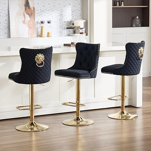 Miniatura 75 de Juego de 4 taburetes de bar giratorios ajustables de terciopelo con respaldo copetudo, ribete de cabezas de clavos y anillo de tracción, sillas de