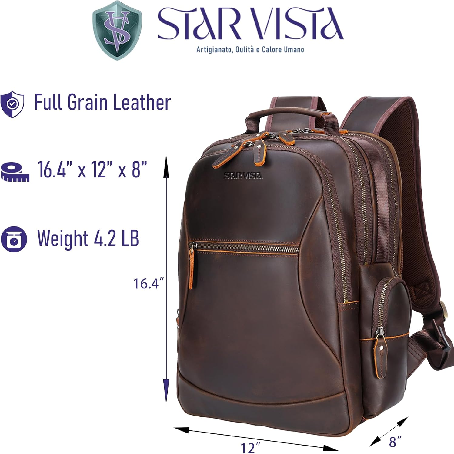 STAR VISTA Nettuno15.6 Vintage Full Grain Leather Laptop Backpack for Men, Multi Pockets, Casual Outdoor Business Travel Rucksack, YKK Zippers