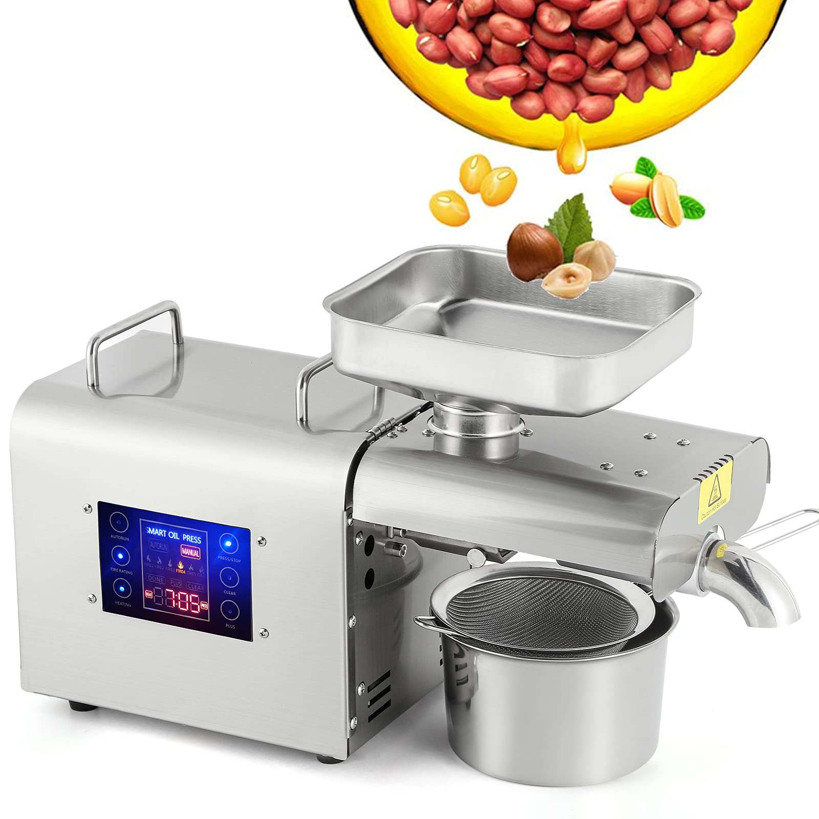 Moongiantgo Oil Press Machine 1500W Automatic Oil Extractor with 5 Inch Panel Electric Hot Cold Oil Maker Stainless Steel Organic Oil Maker for Coconut Avocado Almond Walnut Sesame Castor (220V)