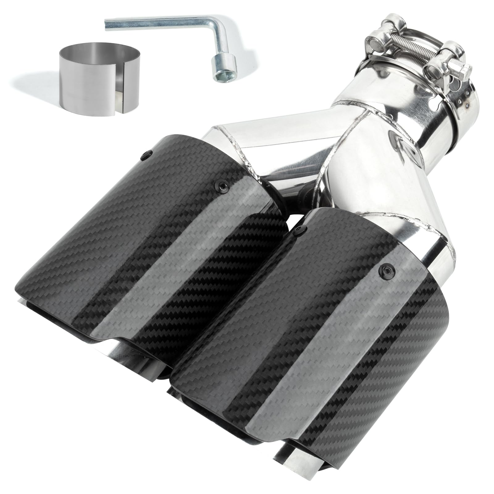 Catekro 63mm Doppeltes Auspuff Endrohr, Auspuffspitzen aus Edelstahl & Kohlefaser Universal für Auto mit 2,5" Einlass Sportliches Auspuffrohr Endrohr Exhaust Tailpipe (Glänzendes Schwarzes Silber)