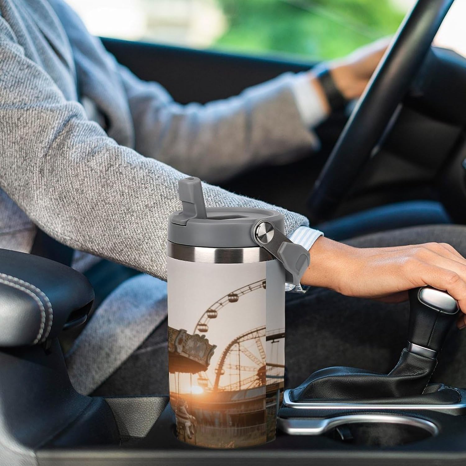 30 Oz Insulated Mug with Handle Lid And Straw Merry-go-round Pattern Large Metal Sports Bottle Great for Gifts Parties Office Coffee