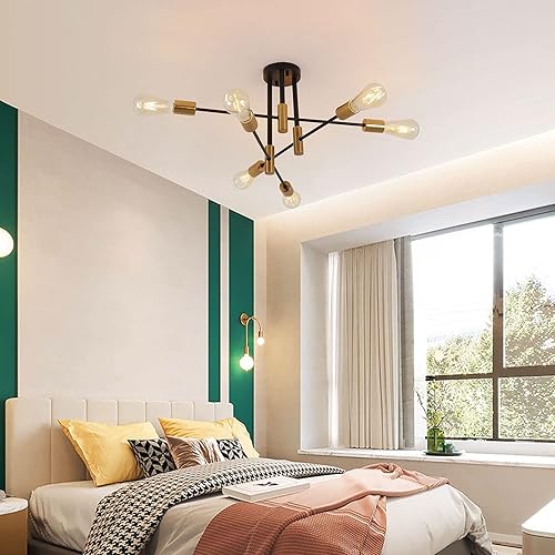 Miniatura 8 de Sputnik - Lámpara de araña de 6 luces de mediados de siglo, moderna lámpara E26, lámpara colgante de techo semiempotrada para sala de estar,