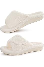 Womens Fuzzy Arch Support Slippers Orthopedic Comfy Adjustable Open Toe House Shoes