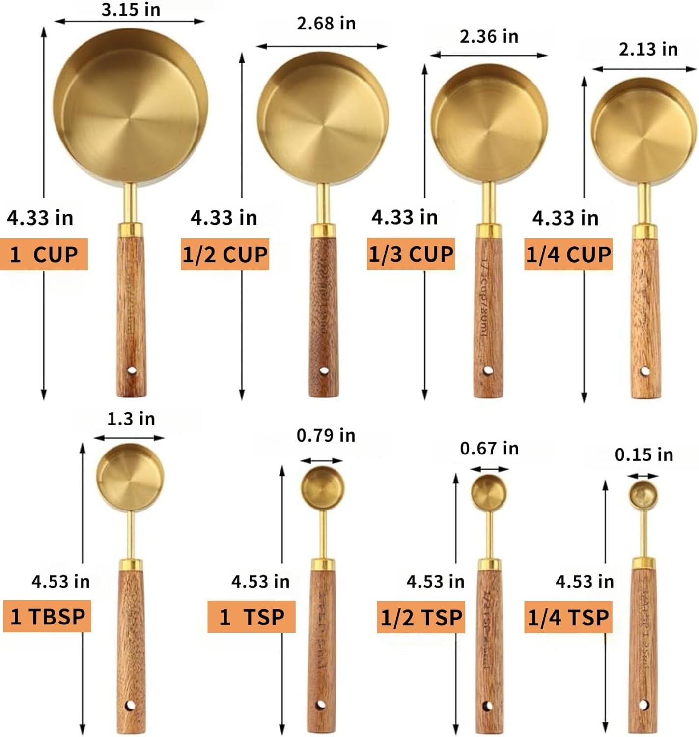 Measuring Cups and Spoons Set 8-Piece, Food-Grade Golden Nonstick with Non-Slip Wooden Handle, Engraved US/Metric Markings for Cooking Baking
