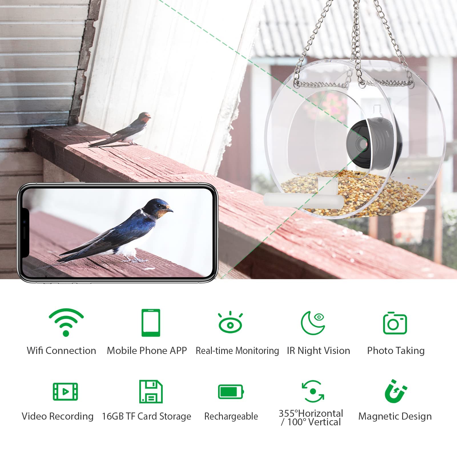 Comedero inalámbrico para pájaros con cámara, observa pájaros de cerca con visión nocturna HD, ventana de visualización clara y soporte con ventosa. Incluye tarjeta de almacenamiento de 16 GB