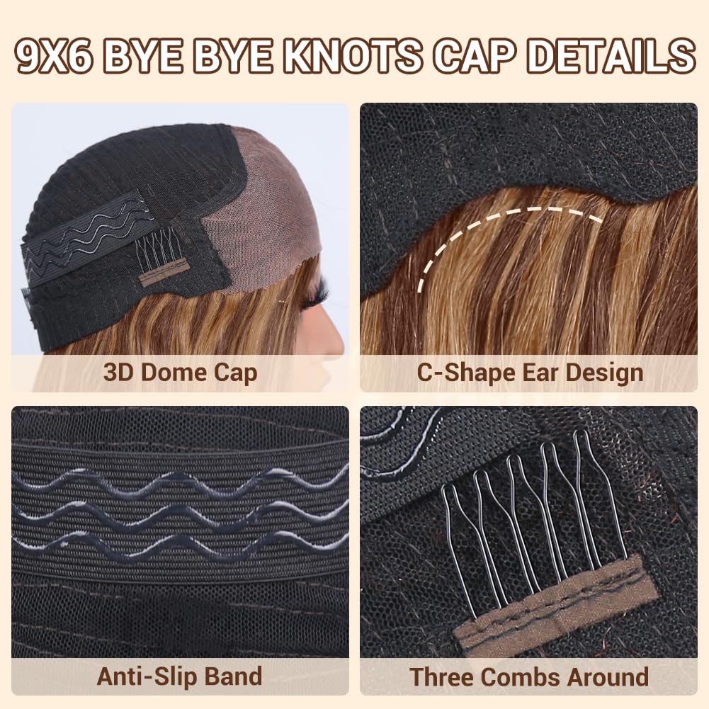 Blonde Highlight Glueless Bob Human Hair Wigs 9x6 HD Closure Lace Ombre Human Hair Wigs Pre Plucked Pre Cut 14Inch 4/27 Bob Glueless Wig Brown and Blonde Wear and Go Wig 220% Density