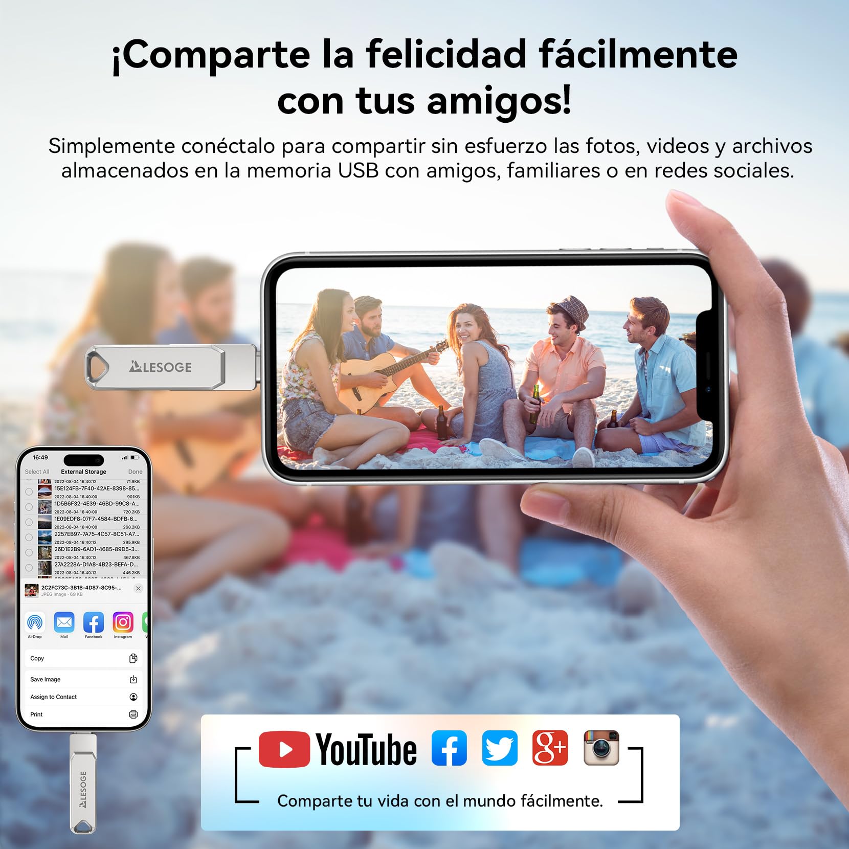 MFi – Memoria USB C 256GB para iPhone y Android, Memoria Externa iPhone 3 en 1, Memoria USB 3.0, pendrive USB-C para Fotos y vídeos (Plata)