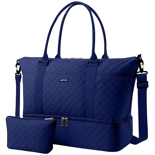 HOTOR Travel Duffel Bag - Weekender Bags for Women, Gym Tote Bags with Shoe Compartment, Carry On Overnight Bag with Toiletry Bag for Travel Essentials Travel Accessories, Dark Blue, 13.4"×17.3"×7.9"