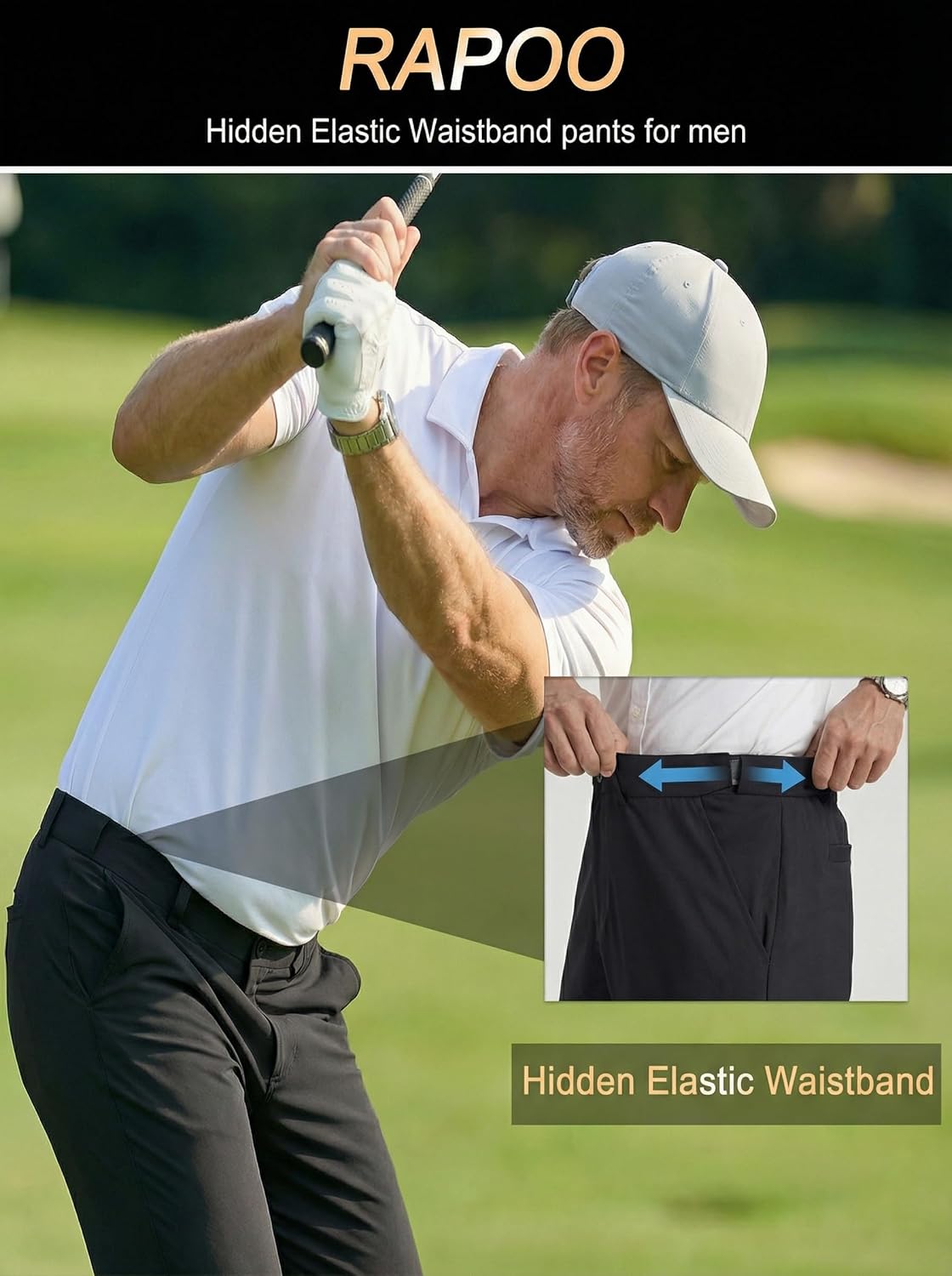 Rapoo Men's Stretch Golf Pants Elastic Waist Slim Fit Slacks Lightweight Quik Dry Trousers Casual Dress Work Pants for Men