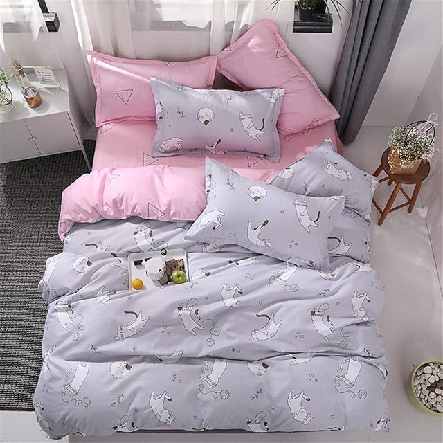 NORCH Cat Duvet Cover Set Double Grey and Pink Kids Girls Bedding Set Reversible Soft Quilt Cover with Pillow Cases