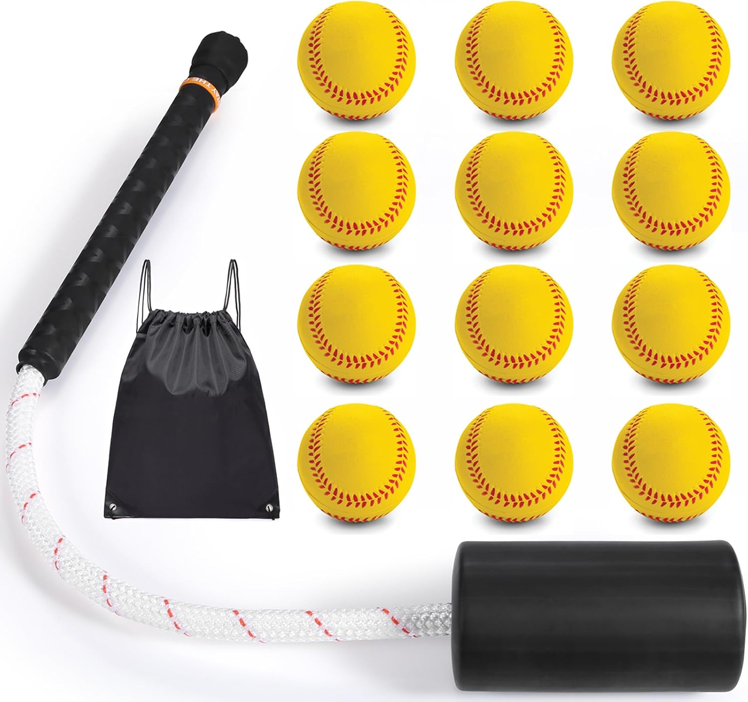 Baseball & Softball Swing Trainer Bat - Batting Practice Equipment - Includes Rope Swing Training Bat with 12 Training Balls & Tote Bag, Training Tool, Batting Aid