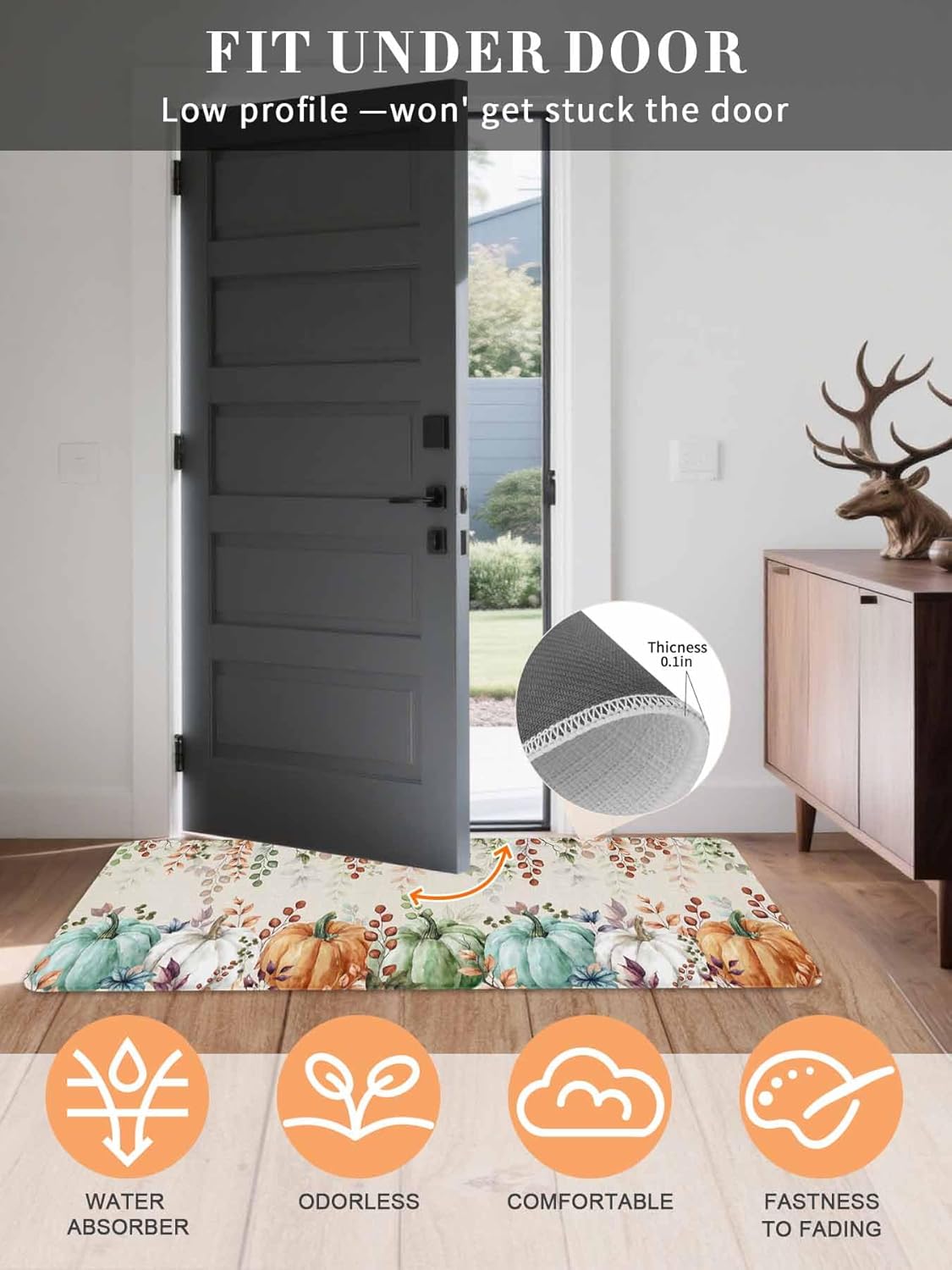 Fall Kitchen Rugs Set of 2 Harvest Pumpkin Kitchen Rug and Mats Set Non Slip Floor Mats for Sink Laundry Green Eucalyptus Leaf Thanksgiving Decorative Doormat Absorbent Runner Rug 18"x 30"+18"x 47"