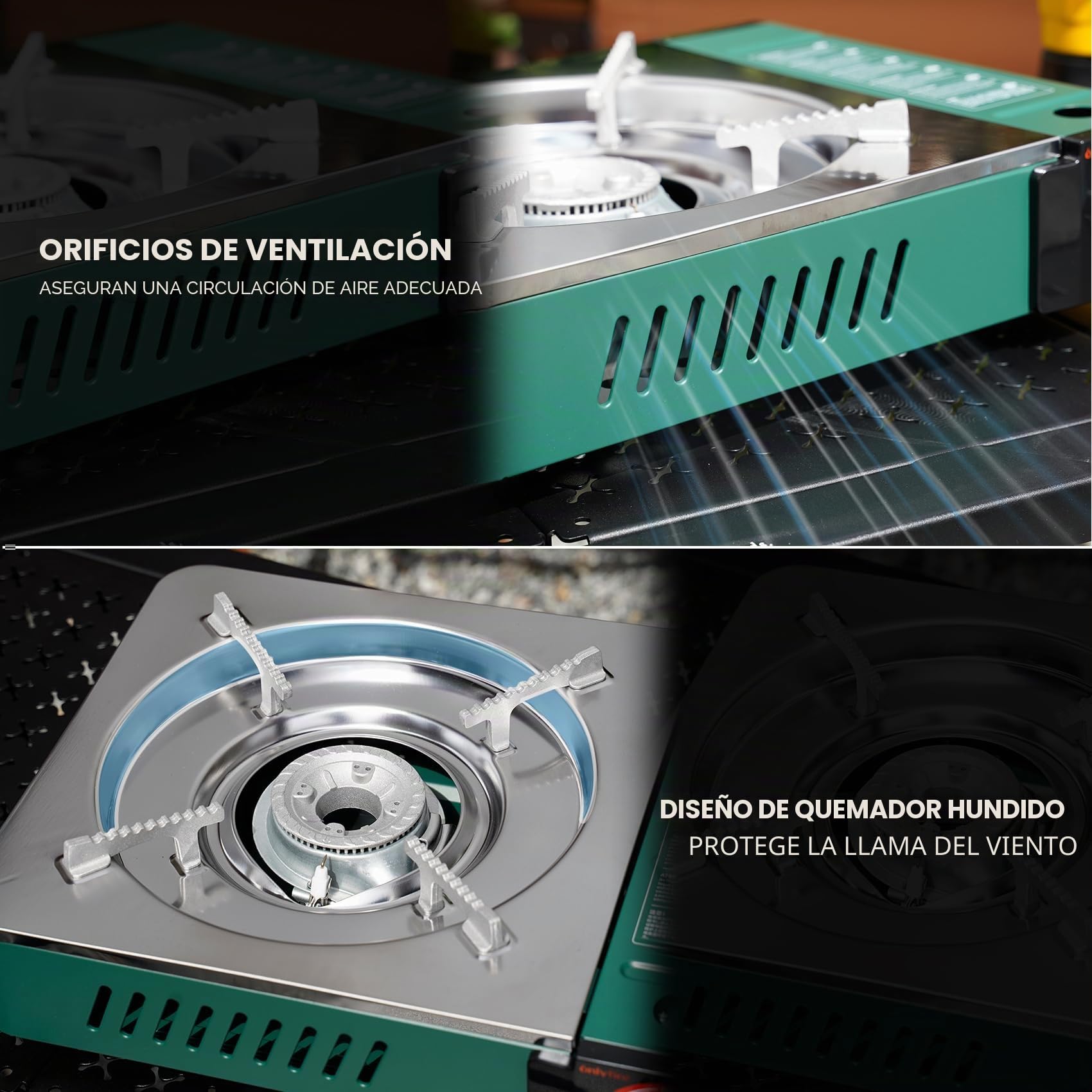 onlyfire Hornillo de Camping con Maletín de Transporte, Hornillo Portátil de Gas para Camping, Senderismo, Viaje en Autocaravana, Desayuno, Diseño de Quemador Hundido Resistente al Viento, 3000W