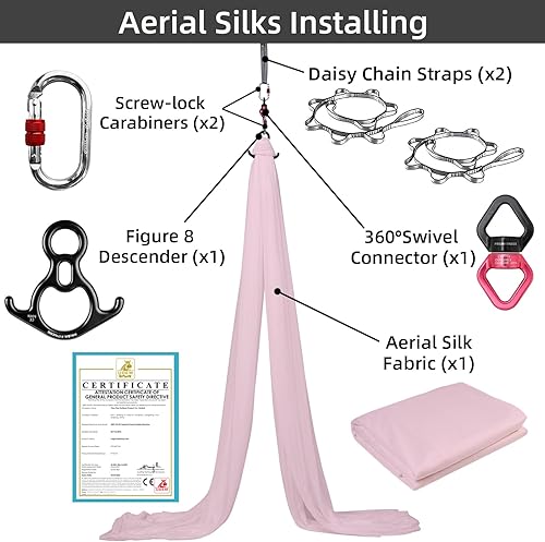 Miniatura 49 de PRIOR FITNESS Kit de seda aérea, colorido juego de hamaca de tela de nailon 40D de 9/15/20 yardas con herramientas y guía para todos los niveles