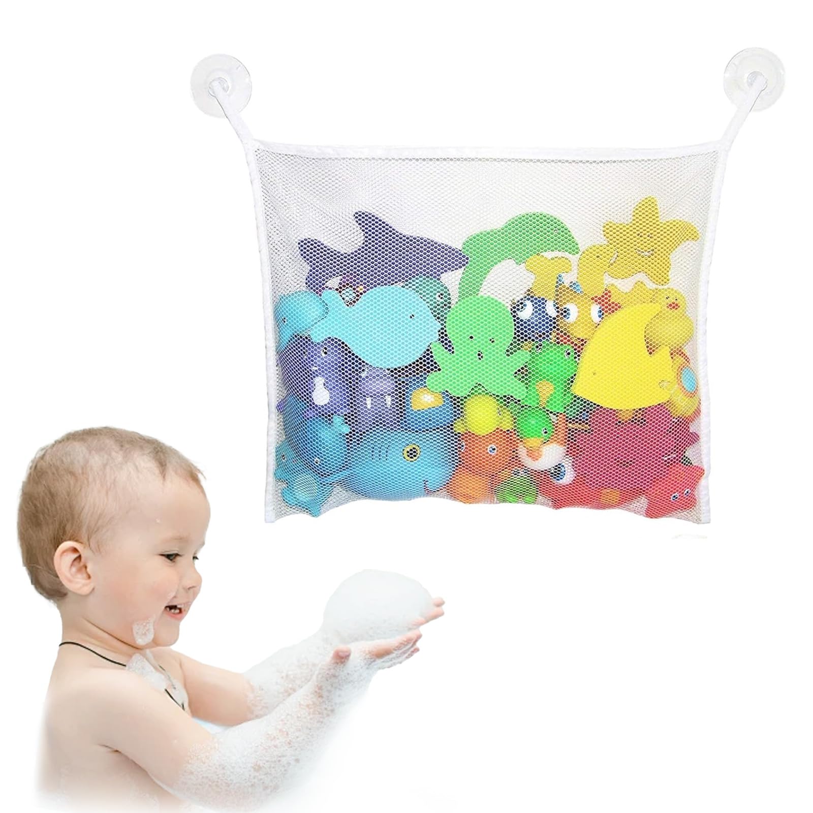 Torba na zabawki wanna, organizery zabawek łazienkowych 34x45 cm z samoprzylepnymi haczykami, torba do przechowywania wanny, siatka szybkoschnąca do łazienki i salonu
