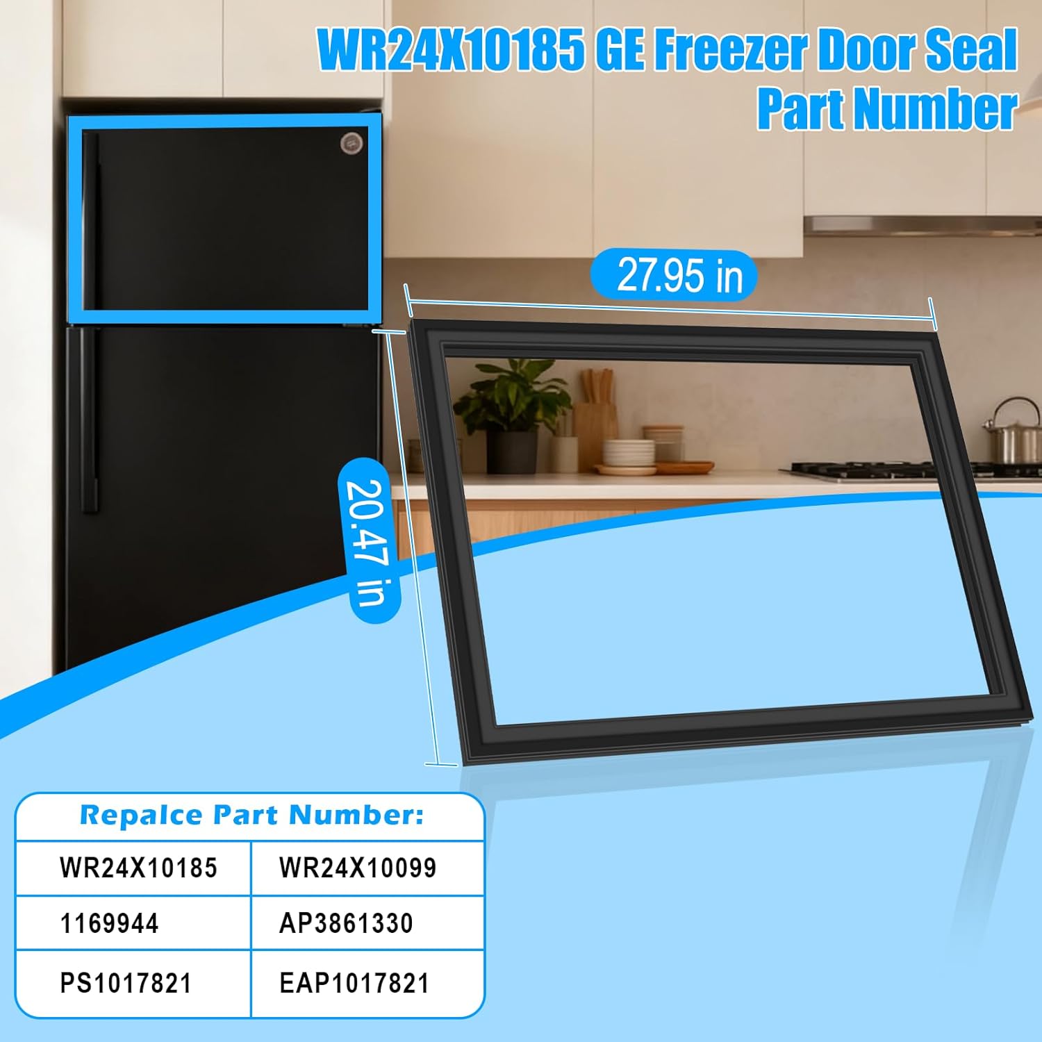 Upgraded WR24X10185 Freezer Door Seal Compatible with GE Refrigerator Freezer Door Gasket Replacement WR24X10099 1169944 AP3861330 For Hotpoint Refrigerator Door Gasket Freezer Seal Replacement Black
