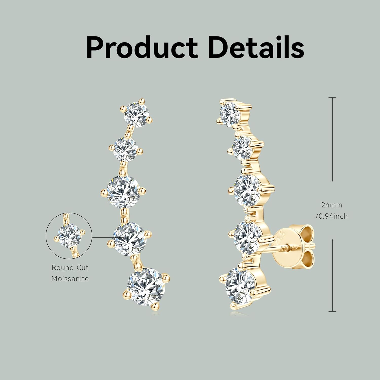 Moissanite Crawler Stud Earrings for Women 925 Sterling Silver D-E Color Moissanite Hypoallergenic Climber Earring for Sensitive Ears Dainty Jewelry Christmas Anniversary Birthday Gifts - Image 5