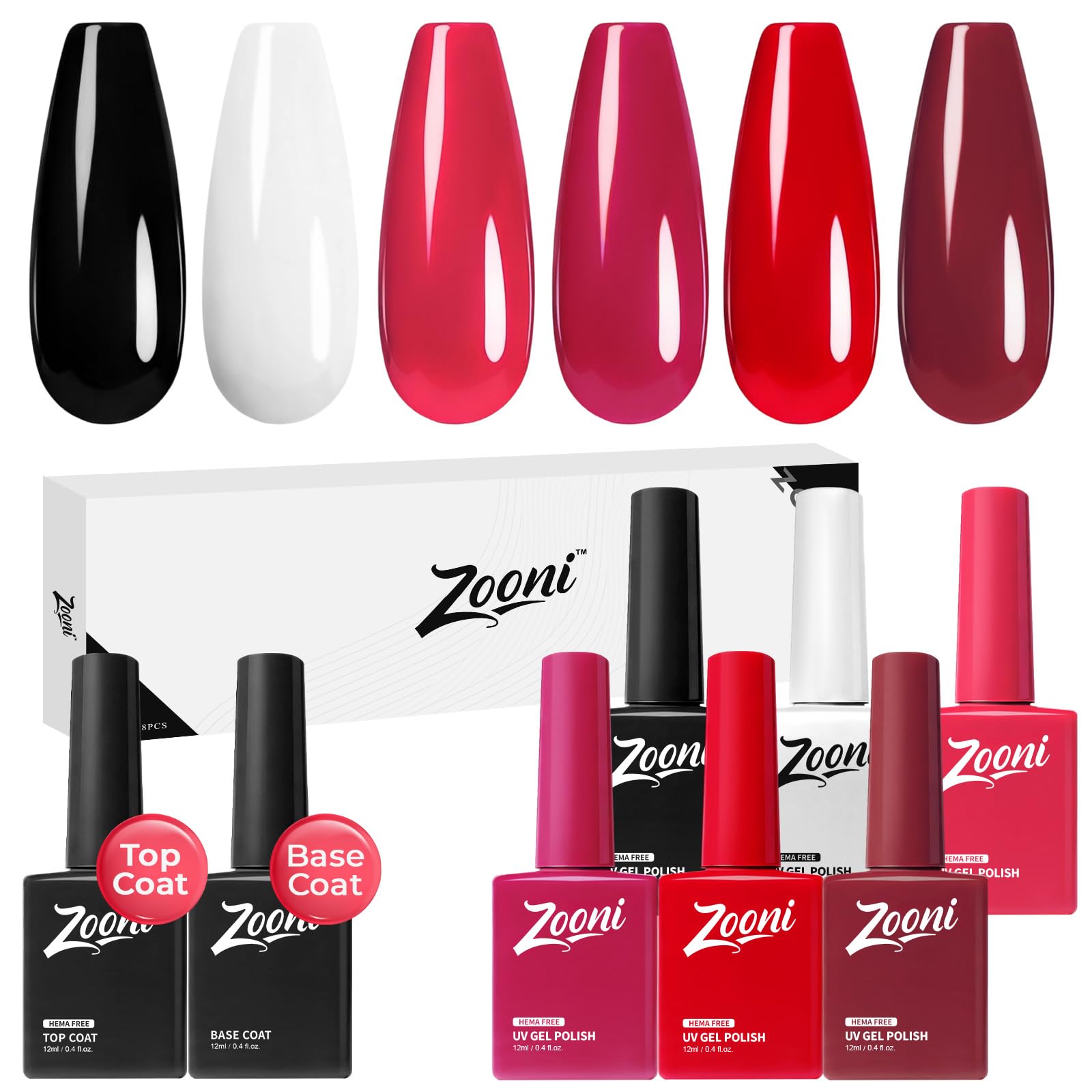 zooni Gel Polish 8 Pcs Hema-free Red Purple Dark Purple White Black Gel Nail Polish Set 6 colors
