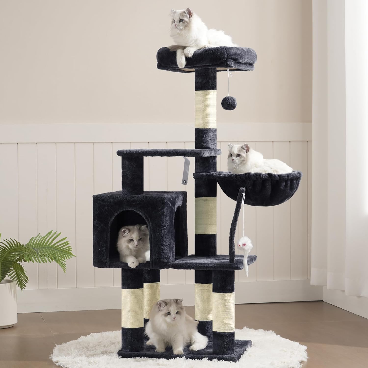 Heybly Cat Tree with Toy, Cat Tower Condo for Indoor Cats, Cat House with Padded Plush Perch, Cozy Hammock and Sisal Scratching Posts, Smoky Gray HCT004SG 43.3 inch Smoky Gray