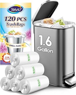 Teivio 1.6 Gallon(Fit 1.5-1.6 Gal)100 Counts Strong Trash Bags 1.5 Gallon 1.6 Gallon Garbage Bags, Bathroom Trash Can Bin Liners, Plastic Bags for home office kitchen, Clear