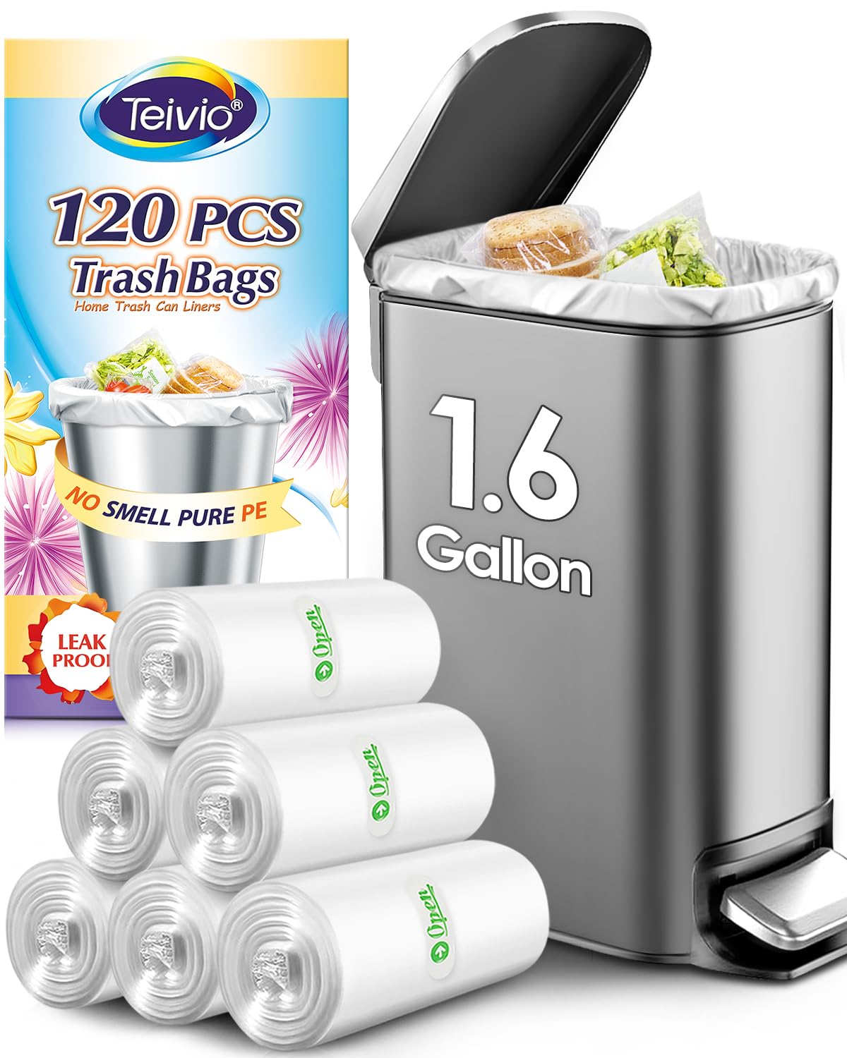Teivio 1.6 Gallon(Fit 1.2-1.6 Gal)120 Counts Strong Trash Bags 1.5 Gallon 1.6 Gallon Garbage Bags, Bathroom Trash Can Bin Liners, Plastic Bags for home office kitchen, 5-6 Liters,Clear