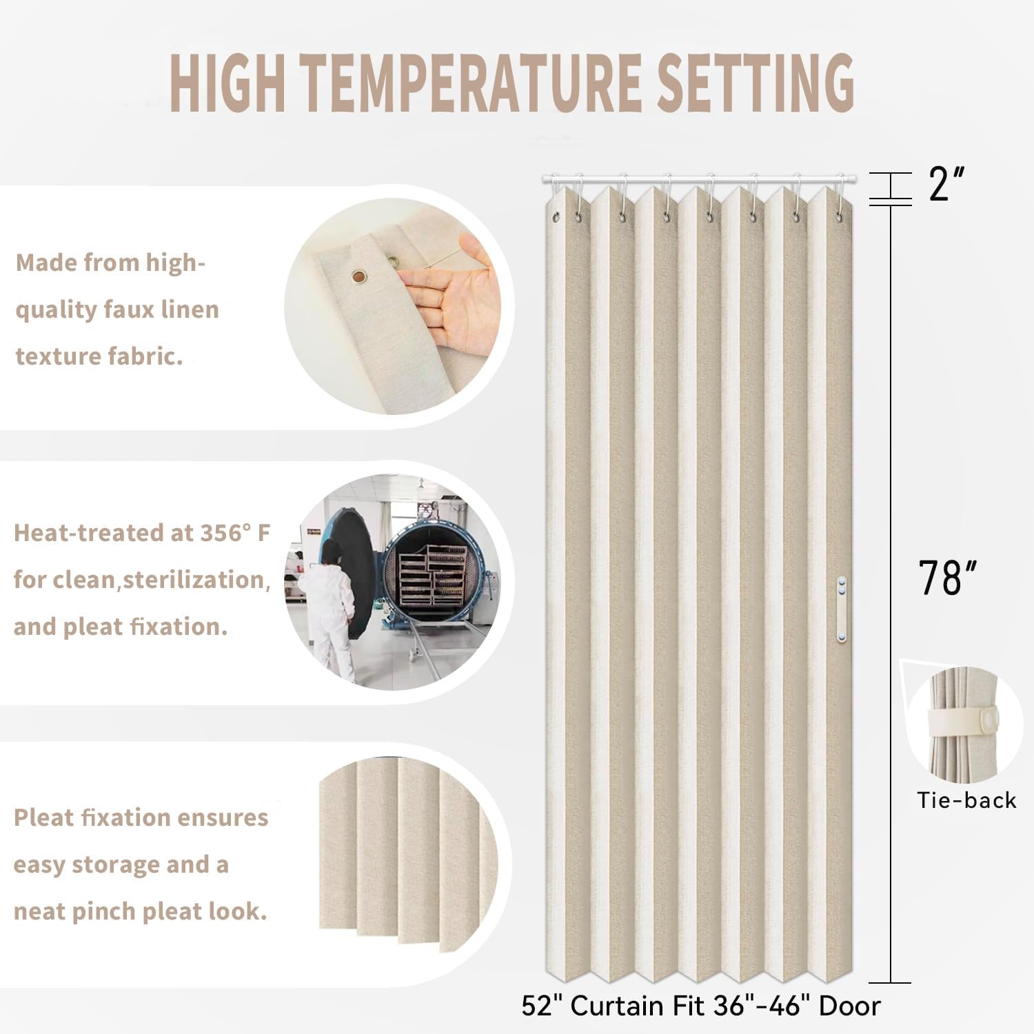 Vatge Accordion Style Door Curtains for Doorways - Laundry Room Curtains for Doorway, Folding Accordion Doors for Closets with No Door, 1 Panel with Tieback, W52 x L78, Beige