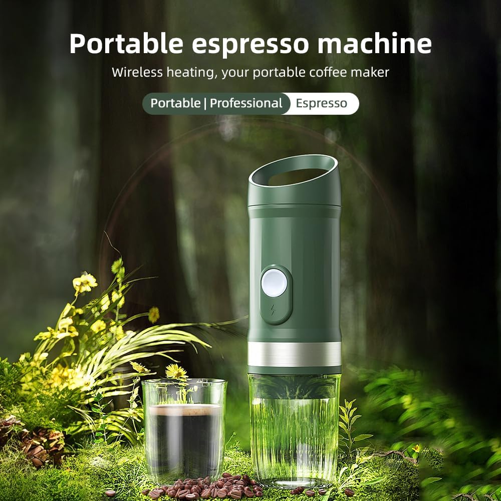 Portable Electric Espresso Coffee Machine Cordless Heat and Cold Brew 3oz Single Serve Mini Coffee Maker with 3-in-1 Coffee Powder/N Sule/DG Sule 20Bar Pump Pressure Reable 9600mAh Battery