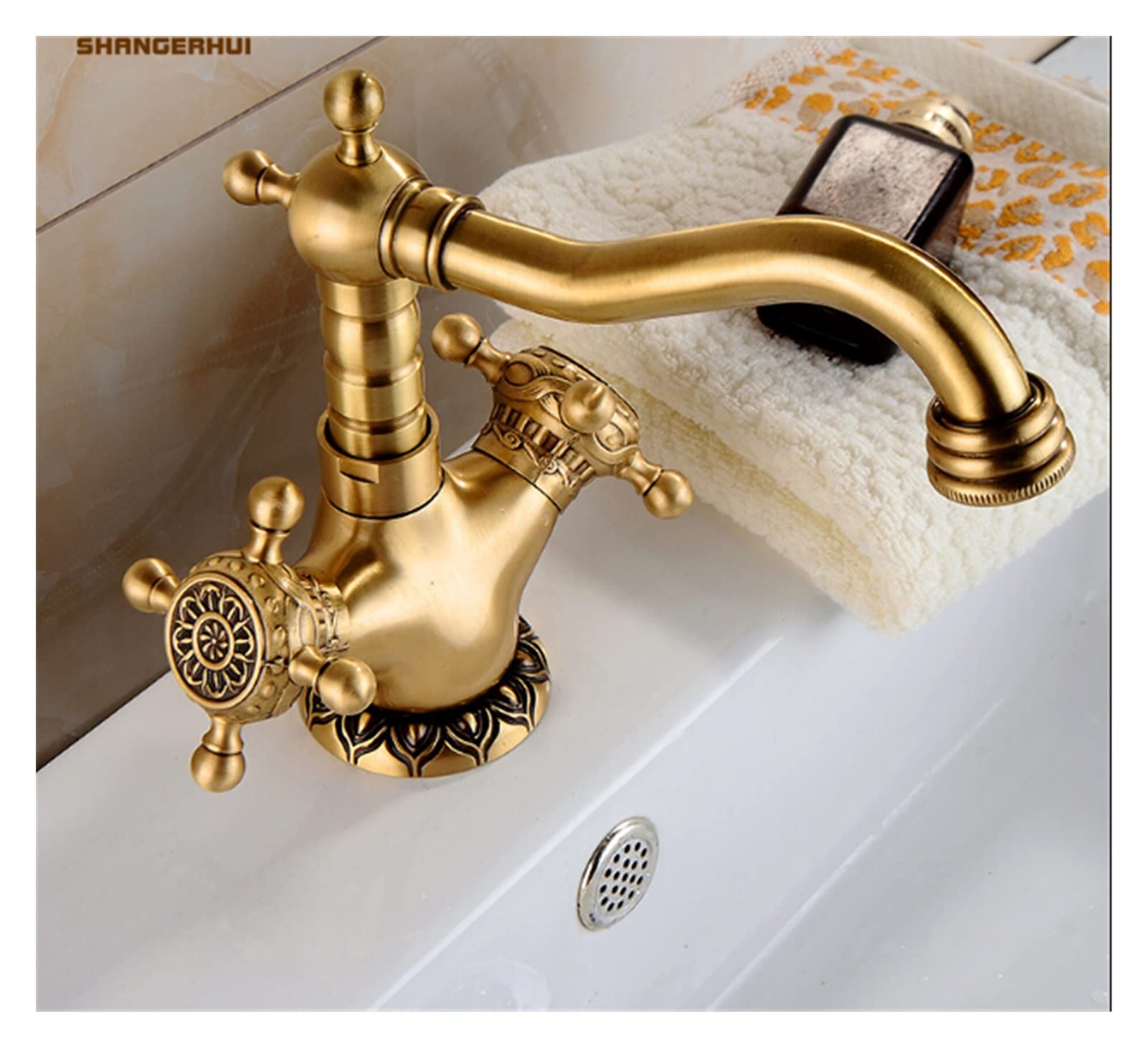 Elastyczny kran Obrotowy, Europejski styl Antique rzeźbione mosiężna bateria łazienkowa Hot and Cold Water Basin Faucet Pojedynczy uchwyt Tap