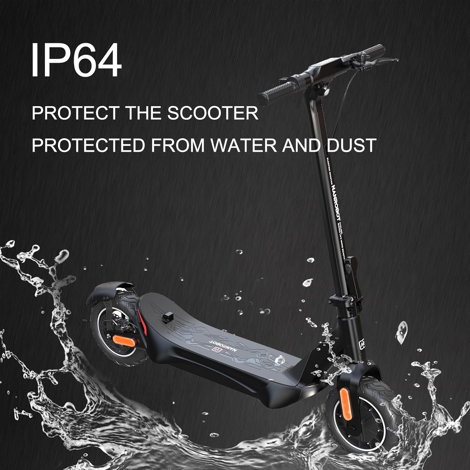 NANROBOT C1 Electric Scooter with water splashing, indicating IP64 protection