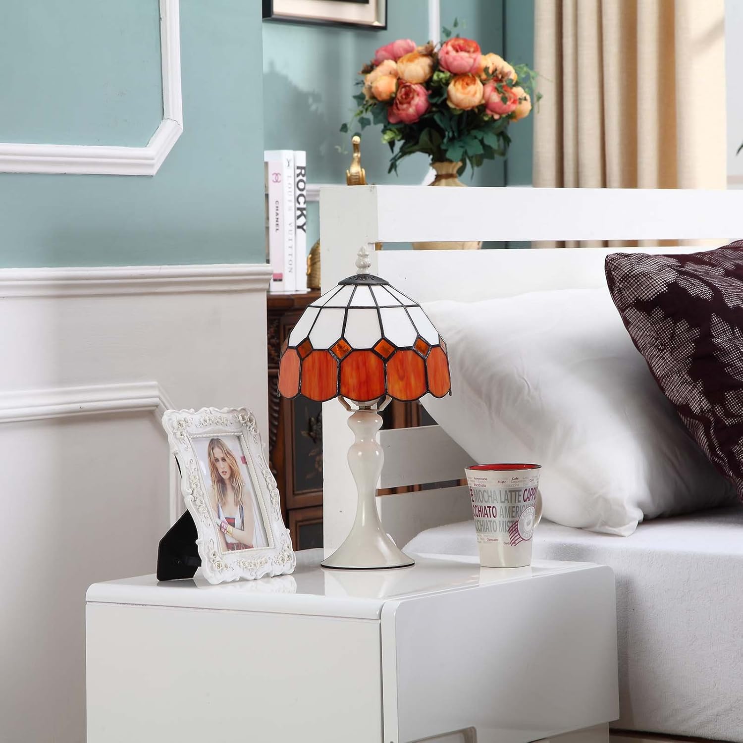 Bieye L10471 Mediterranean Tiffany Style Stained Glass Table Lamp with Metal Base Orange Lampshade, 8" Wx15 H