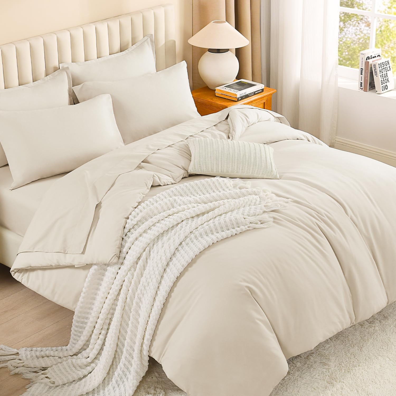 Photo 1 of Litanika California King Comforter Set Beige - 7 Pieces Bed in a Bag Cal King Bedding Comforter Sets, Plain Lightweight Bed Set with Comforter, Sheets, Pillowcases & Shams
