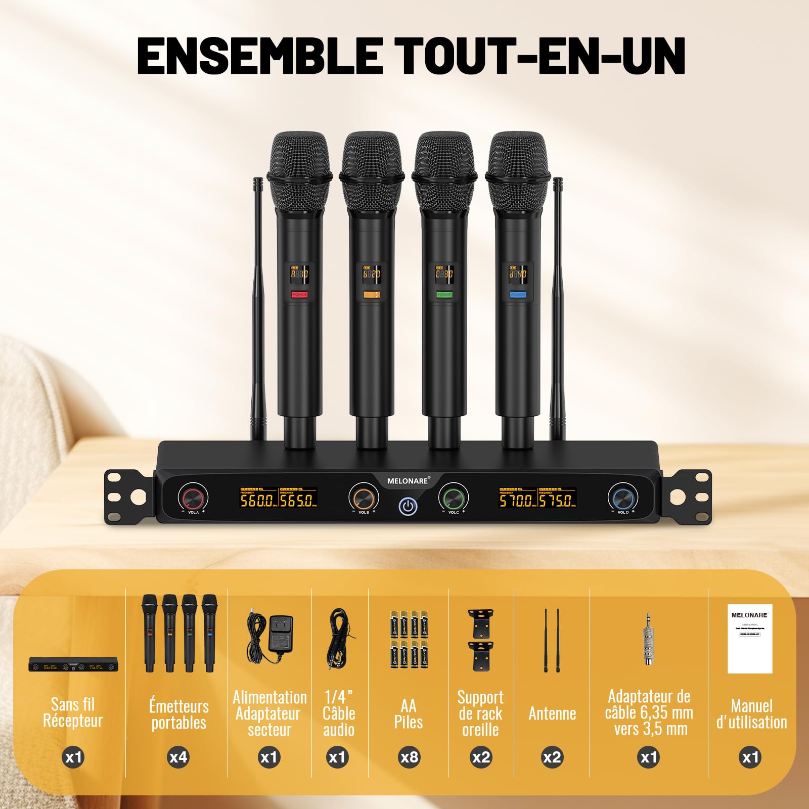 MELONARE Système de Microphone sans Fil UHF Rack 4 canaux MWM-41F-4H