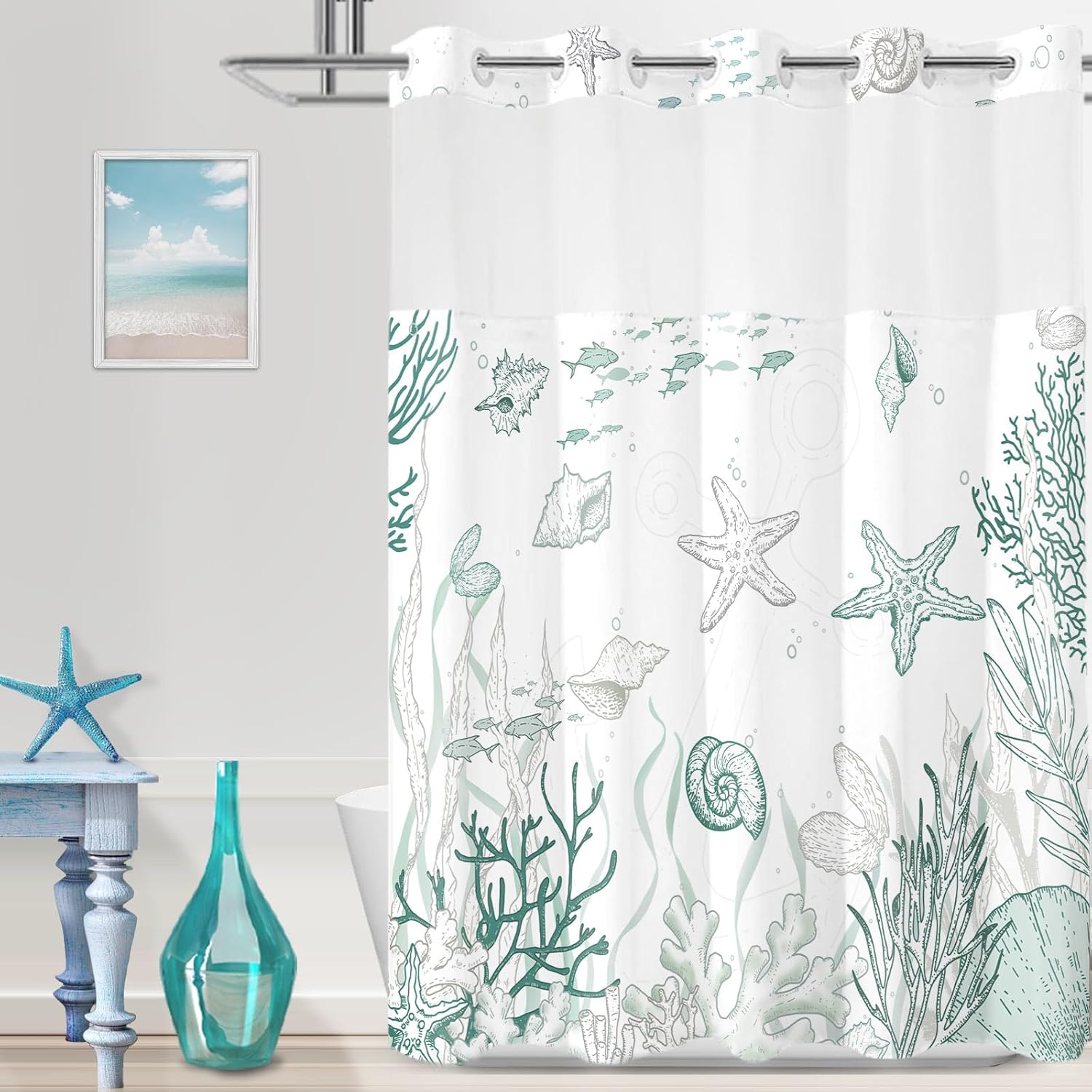 No Hook Shower Curtain with Snap in Liner, Beach Ocean Nautical Coastal Shower Curtains and Liner Set for Bathroom, Seashell Hotel Fabric Bath Curtain, Waterproof Washable, Coral 71" x 74"