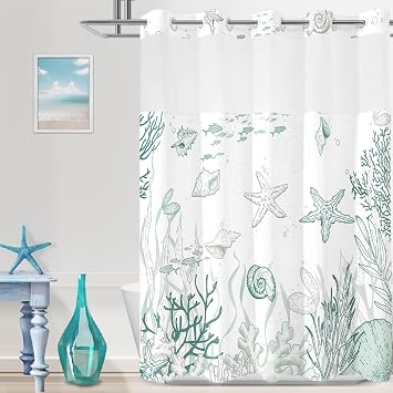 No Hook Shower Curtain and Liner Set, Green Beach Coastal 71x74 | Nautical Ocean for Bathroom, with Snap in Liner Replacement, Mesh Top Window, Waterproof, Machine Washable, Quick-Drying