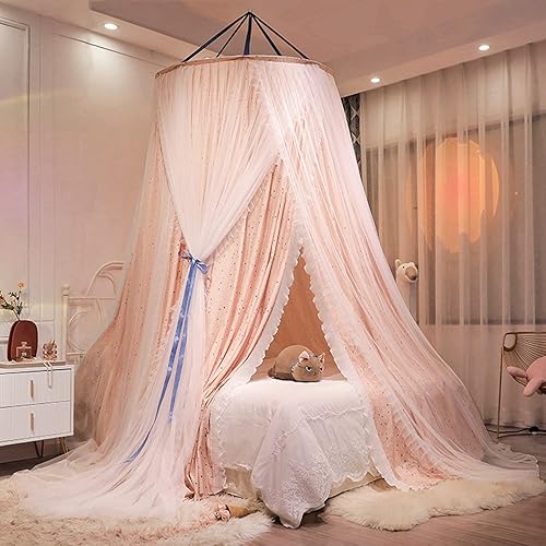 Vista 23 de Kertnic Toldo de cama de lujo para niñas y adultos, toldo de princesa de doble capa con encaje, mosquitera de cúpula redonda para tienda de campaña